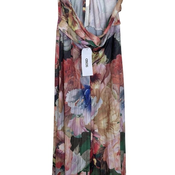 ASOS Dress Womens Size 6 Floral Pleated V Neck Key Hole Open Back Long - Picture 6 of 10